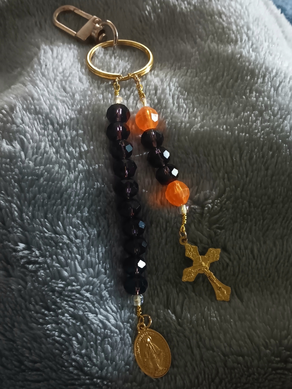 Rosary Keychain with Gold Cross and Medal - Deep Purple & Orange Beads